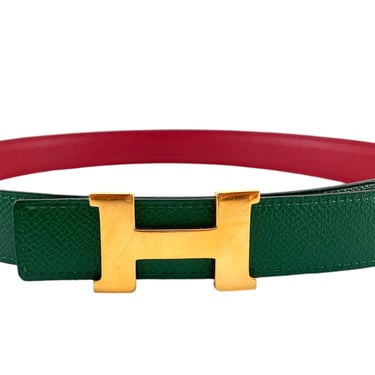 Hermès Constance 24 mm Reversible Red &amp; Green Leather Gold Tone Mini H Belt