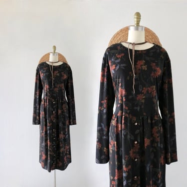 dark floral tie back dress - 1x - womens vintage 90s y2k plus size black button long sleeve maxi dress 