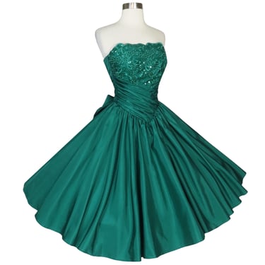 Vintage 80s 50s Green Strapless Sequin Taffeta Full Skirt Prom Party Dress XS Extra Small Zum Zum Floral Big Bow Calf Length Formal Dance 