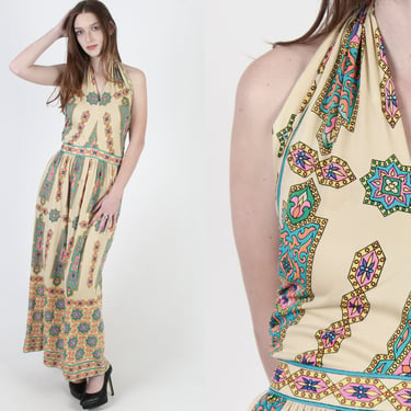 Vintage 70s Maurice Signed Geometric Dress / Abstract Ethnic Tile Print Halter / Sexy Open Back Bodice / Womens Long Lounge Party Maxi Dress 