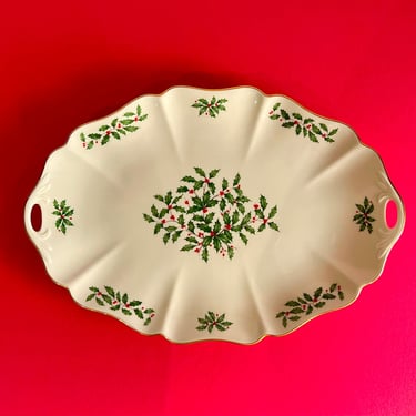 Vintage Lenox Holiday Serving Tray Large Platter with Handles and Hollies Design Christmas Dinner Table Holiday China Made in USA 