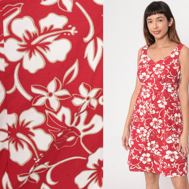 Tropical Floral Dress Red Mini Dress Hawaiian Originals Y2k Sheath Sleeveless Sundress Hibiscus Empire Waist Vintage 00s White Medium 10 
