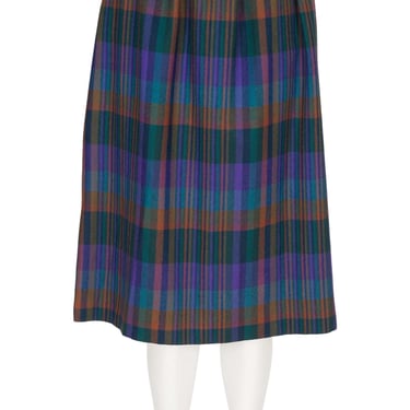 Escada 1980s Vintage Leather Cummerbund Plaid Wool Skirt 