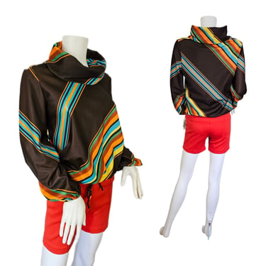 Leo Paley 1970's Brown Rainbow Stripe Cowl Neck Poly Shirt I Top I Blouse I Sz Lrg 