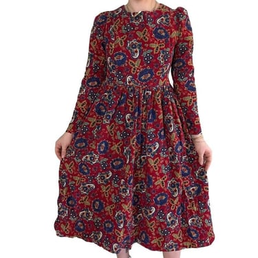 Vintage Laura Ashley Corduroy Floral Puff Sleeve Cottagecore Maxi Dress Sz M 