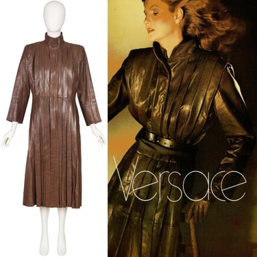 Gianni Versace 1978-79 F/W Vintage Brown Leather Pleated Trench Coat Sz S 