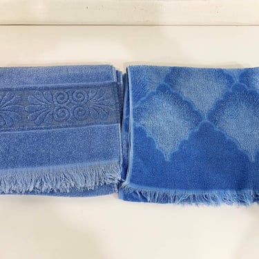 Vintage Cannon Royal Family Cotton Bathroom Mismatched Bath Towels Blue Mid-Century Sculptural Terrycloth 1960s 