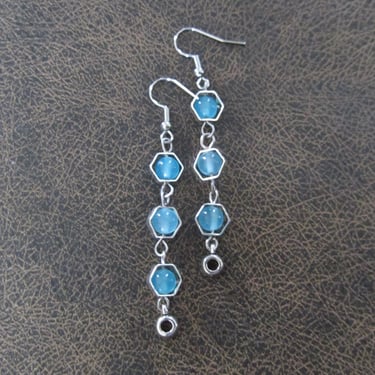 Silver and blue geometric hexagon earrings 