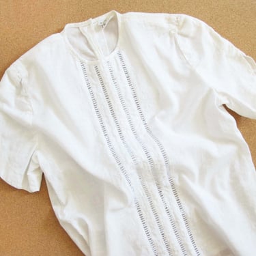 Vintage White Cotton Short Sleeve Blouse S M - Button Back Dainty Cottagecore Peasant Shirt - Embroidery Cutout Womens Romantic Shirt 