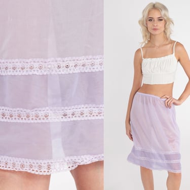 70s Slip Skirt Semi-Sheer Lavender Lingerie Half Slip Mini Skirt Lace Trim Pastel Purple Retro Pinup Pin Up Vintage 1970s Extra Small XS S 