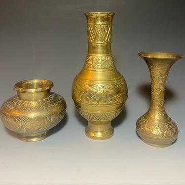 Set of Three ( 3 ) Solid Brass Decorative Vases Made in India 