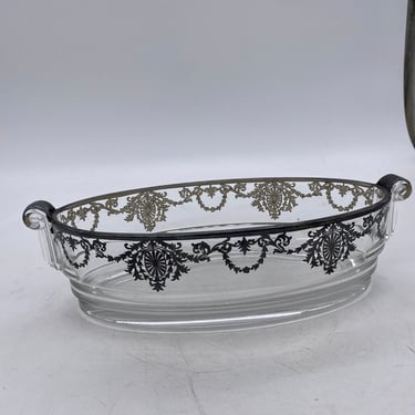 Art Deco High Style Silver Inlaid Glass Serving Bowl Scrolling Handles 