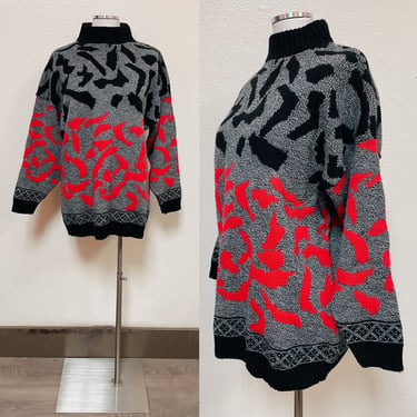 1980s Black, Red, Gray Leopard Print Turtle Neck Long Sleeve Knit Sweater by Jonathan Cass USA | Vintage, Pullover, Mod, Retro, Animal Print 