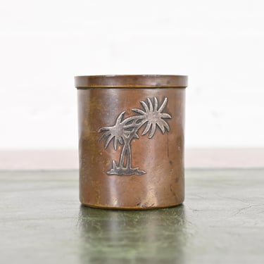 Heintz Arts &#038; Crafts Sterling Silver on Bronze Match Cup or Toothpick Holder With Palm Tree Motif