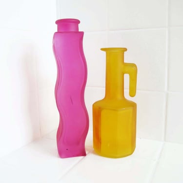 Vintage 90s Frosted Pink Yellow Glass Vase Bottle Lot  - Ikea Squiggle Bud Vase - Yellow Handled Glass Vessel - Quirky Artsy Home Decor 