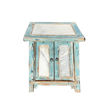 Distressed Pale Blue Stone Top Doors Slayed Legs End Table Nightstand ws4440E 