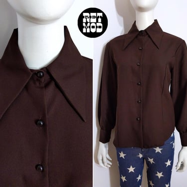 Chic Vintage 70s Dark Brown Long Sleeve Button Down Blouse with Dagger Collar 