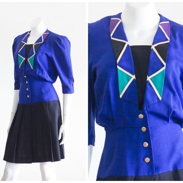Vintage 1980s Blue and Black Dress | Drop Waist | Pleated Skirt 