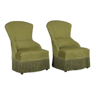 Antique French Napoleon III Style Slipper Chairs W/ Light Green Burnout Velvet - A Pair 