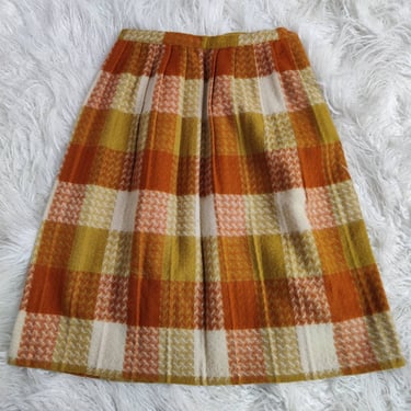 Vintage 60s Autumn Wool Plaid Skirt // Circle Pleated Orange Yellow and White A Line 