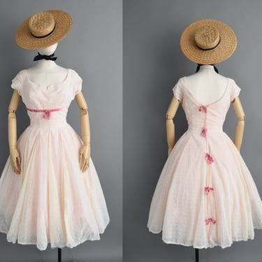vintage 1950s dress | Gorgeous Pastel Pink Flocked Floral Party Prom Wedding Dress | XS Small | 50s dress 