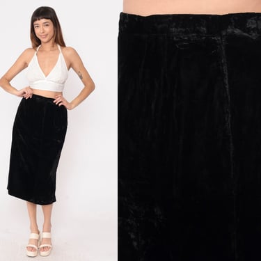 Black Velvet Skirt 90s Side Slit Pencil Skirt High Waisted Midi Skirt Goth Party Retro Boho Chic Gothic Vintage 1990s Small 28 