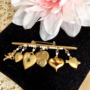 Vintage Dangle Brooch, Bar Brooch, Faux Pearl Beads, Hearts, Faux Gems, Victorian Style, Bow, Rhinestones, Heart Charms 