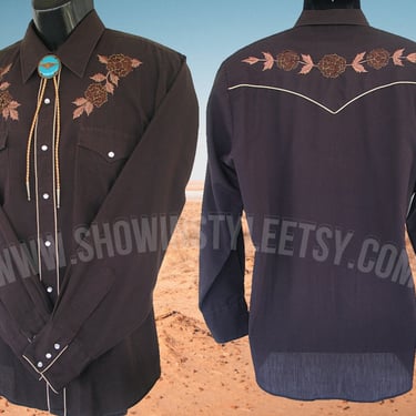 Vintage Western Men's Cowboy &amp; Rode3o Shirt by Karman, Dark Brown with Embroidered Floral Designs, Approx. Medium (see meas. photo) 