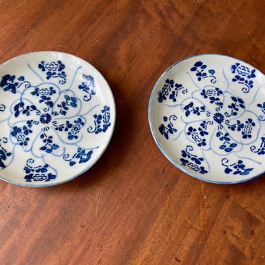 Pair Blue and White Flowered Plates Small Saucer Size 