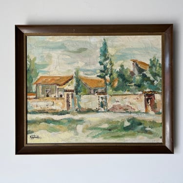1960's Modernist Mid Century Abstract Village Landscape Oil Painting 