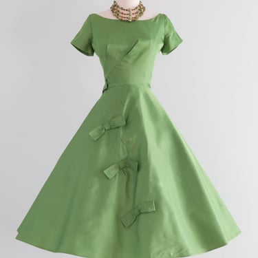 Fabulous 1950's Moss Green Party Dress With Bows / Waist 27