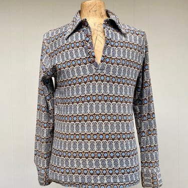 Vintage 1970s Men's Knit Shirt, 70s Mens Cotton-Poly Geometric Long-Sleeve Polo Style, Medium 40