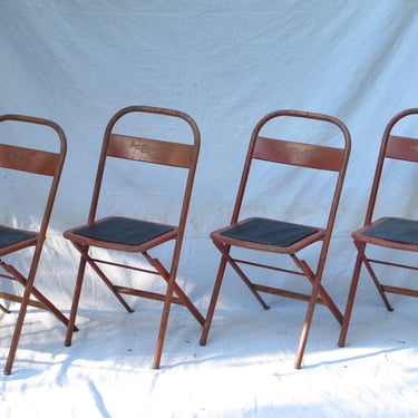 Rare set of French Bistro Chairs Vintage Folding Metal Chair Industrial Metal Outdoor Cafe Chair Patio Fold Up Orange Mid Century 