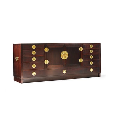 Modernist sideboard cabinet with unique bronze hardware. by Edward Wormley for Dunbar
