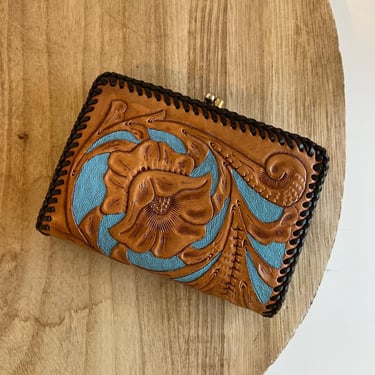 Vintage Handmade Brown Floral Tooled Genuine Leather Small Western Wallet 