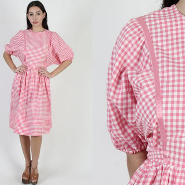70s Country BarbieCore Dress, Pink And White Gingham Print, Vintage 1970's Rustic Farm Picnic Mini 