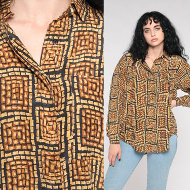 Silk Geometric Shirt -- 90s Brown Button Up Blouse 1990s Abstract Print Long Sleeve Vintage Pocket Medium 