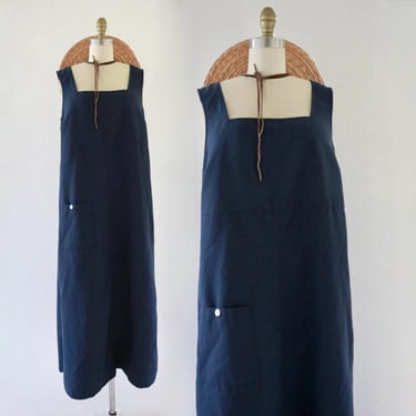 navy maxi dress - m - vintage 90s 1990s long size medium apron simple casual sleeveless womens 