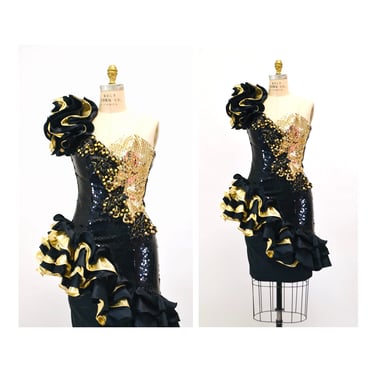 80s Prom Dress Metallic Gold Black Sequin Ruffle Party Dress Size XXS XS// Vintage 80s Pageant Dress Size XS Small Gold Black Alyce Designs 