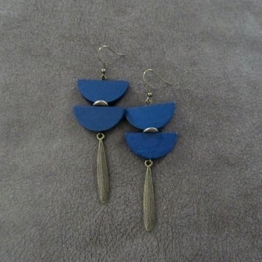 Long blue earrings, wood and bronze earrings, statement earrings, bold ethnic earrings 