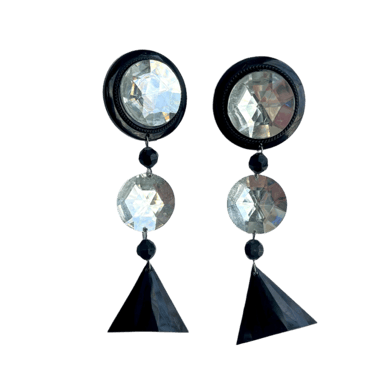 Stunning 80s Round Crystal Black Resin Shoulder Duster Earrings