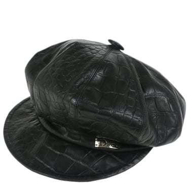 Christian Dior Black Embossed Leather Newsboy Cap Hat Small Good