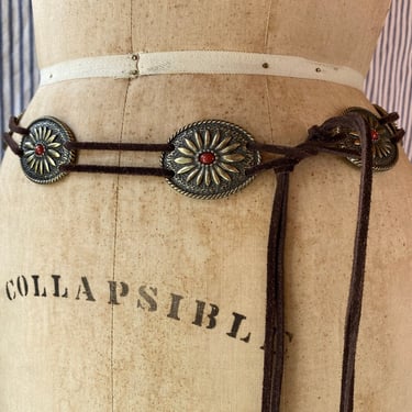 32-44" Low Waist Brown Leather Fringe Tie Belt with Silver Conchos and Coral Inlay Beads / Flower Belt / Southwest Stagewear Belt 