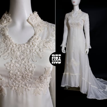 Beautiful Vintage 70s White Victorian Style Open Neckline Long Sleeve Wedding Gown with Train 