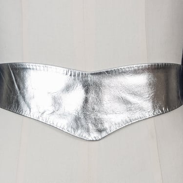 Vintage 80s Silver V-Shaped Genuine Leather Wide Belt with Leather Buckle 