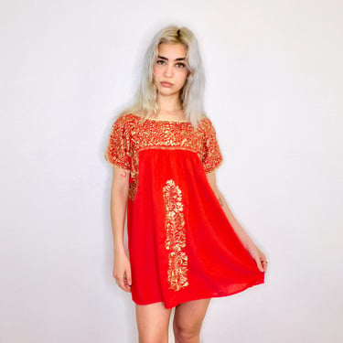 Oaxacan Mini Dress // vintage sun Mexican hand embroidered floral 70s boho hippie cotton hippy red // O/S 