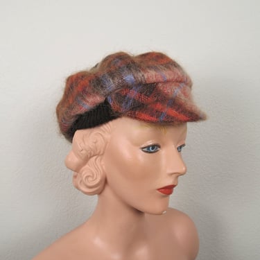 Vintage 1960s mohair hat, newsboy, Scottish tam, plaid, fall, winter, wool 