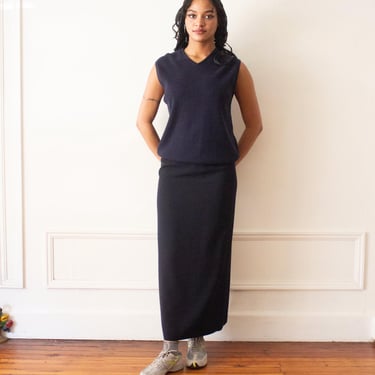 1990s Apostrophe Navy Blue Minimalist Crepe Maxi Skirt 