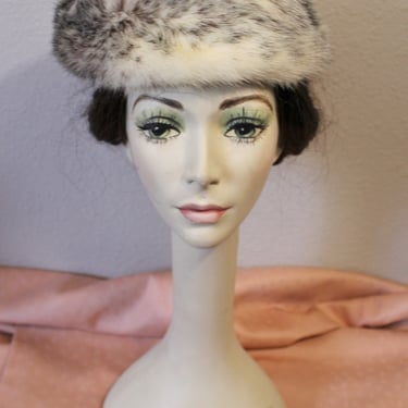 Vintage 1960s Black White Cross Mink Fur cap Hat Mr. B // Size 21 1/2 MOD MCM 