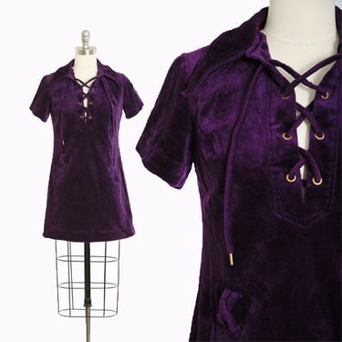 Vintage 60s 70s purple Velvet mini dress | 1960s 1970s lace up hippie mini dress 